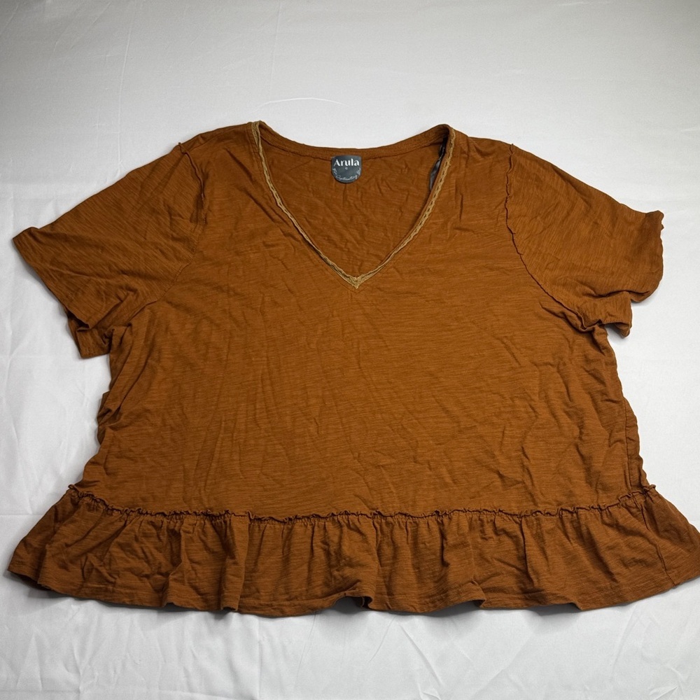ARULA Women's Brown V-Neck Ruffle Hem Tunic size 3X or C ruffled short sleeve